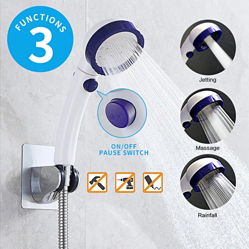KAIYING Drill-Free High Pressure Handheld Shower Head with ON/OFF Pause Switch 3 Spray Modes Water Saving Showerhead, Detachable Shower-Head, (H:Shower Head (White & Blue)+Bracket+Hose) - Image 1